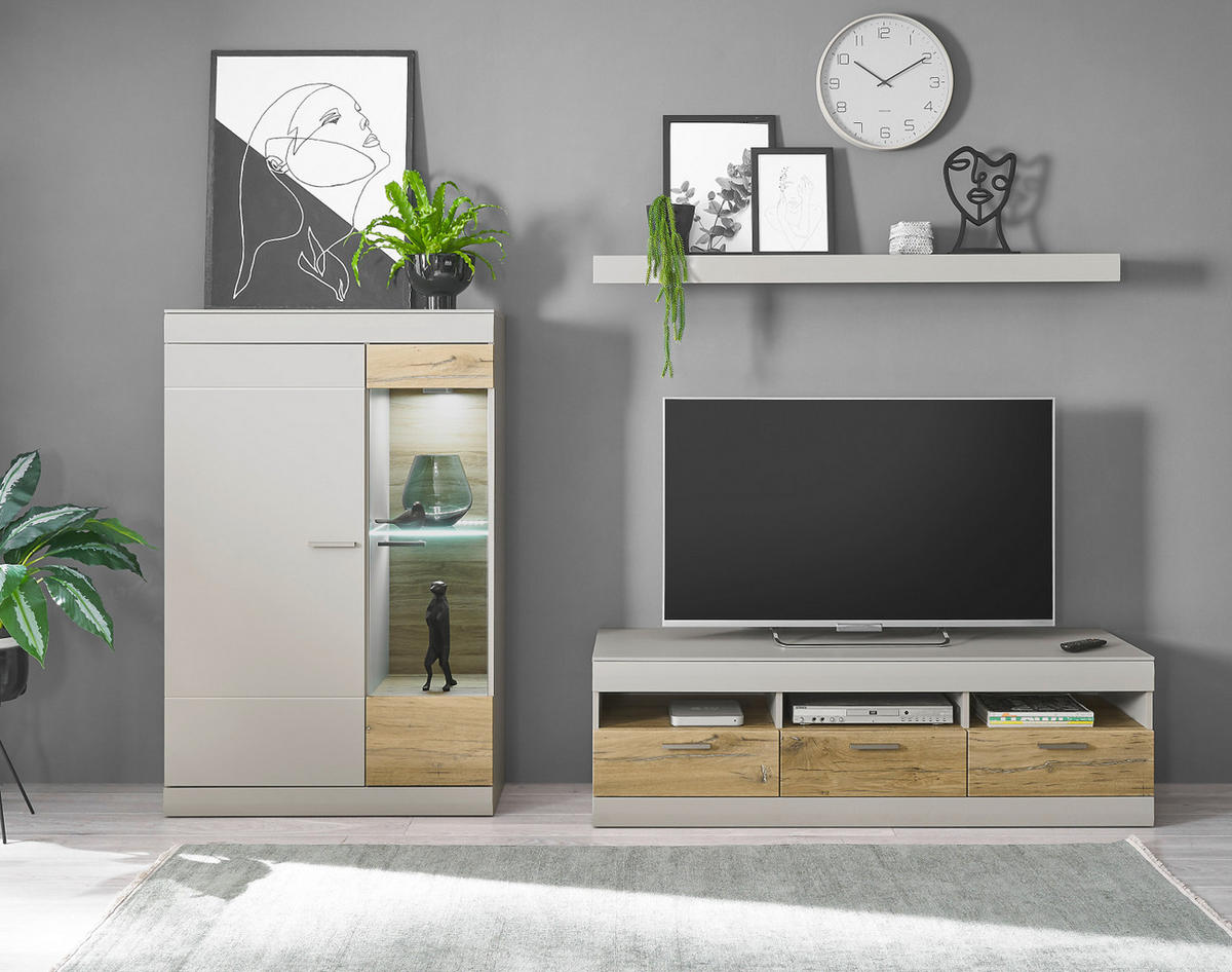 EX WOHNWAND grau matt, Zinneiche 3-teilig 250 cm, Komplettset mit Soft-Close - Eichefarben/Silberfarben, Glas/Holzwerkstoff (250/170/45cm) - Furn.Design