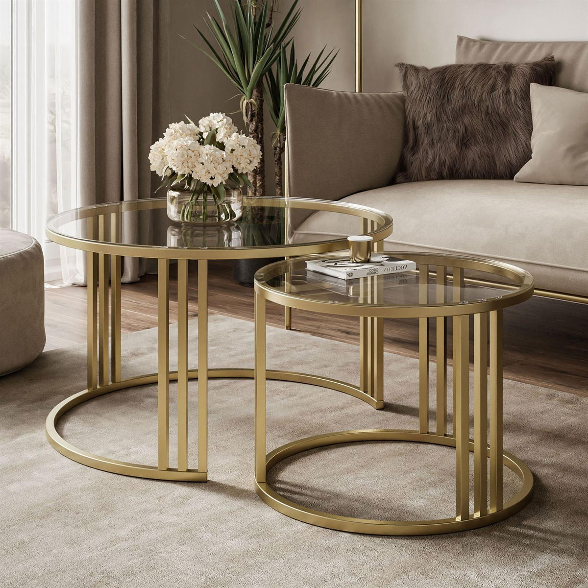 COUCHTISCH 2in1 LORI GLASS gebürstetes Gold, gebürstetes Gold / transparentes Glas - Transparent, Metall (70/70/43cm) - Lookway