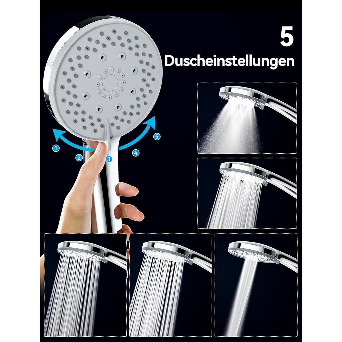 DUSCHKOPF mit Schlauch 1,5m 5 Strahlarten Silber - Silberfarben, Metall (11/12.7/26.5cm)