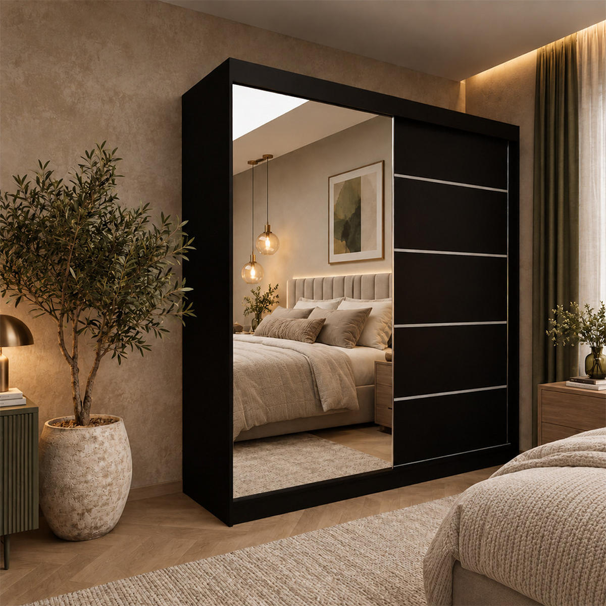 KLEIDERSCHRANK Malika 200 cm Schwarz Spiegel 2 Schubl. Griffe silber - Schwarz, Holzwerkstoff (200/216/61cm) - KS Home Concept