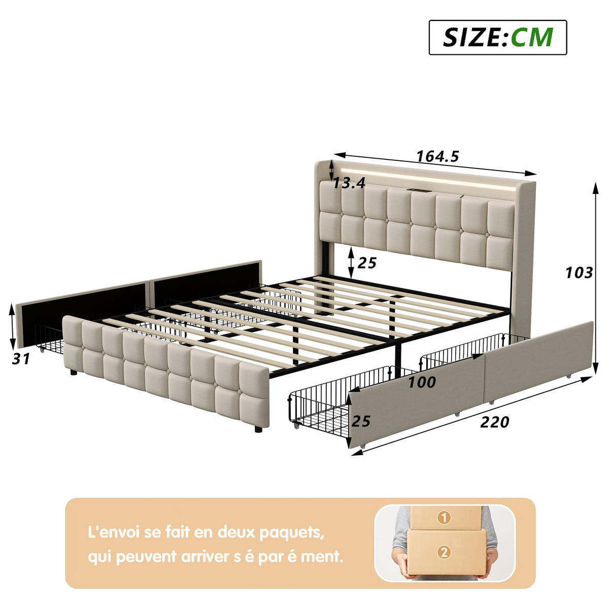 POLSTERBETT 160x200 cm mit LED, USB, 4 Schubladen, Leinen, Beige - Beige, Holz (160/200cm)