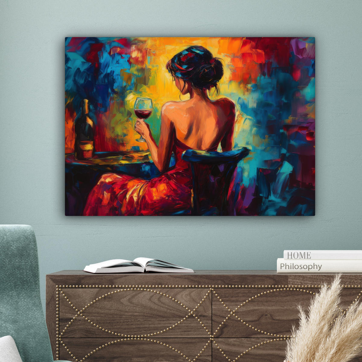 LEINWANDBILD Wein - Frau - Stimmungsvoll - Farbenfroh Wandbilder 80x60 cm - Bordeaux, Textil (80/60cm) - MuchoWow