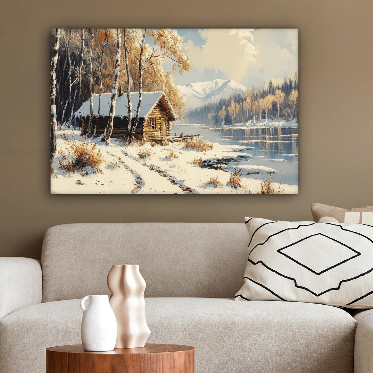 LEINWANDBILD Winter - Schnee - Zuhause - Natur Gemälde 60x40 cm - Hellbraun, Textil (60/40cm) - MuchoWow