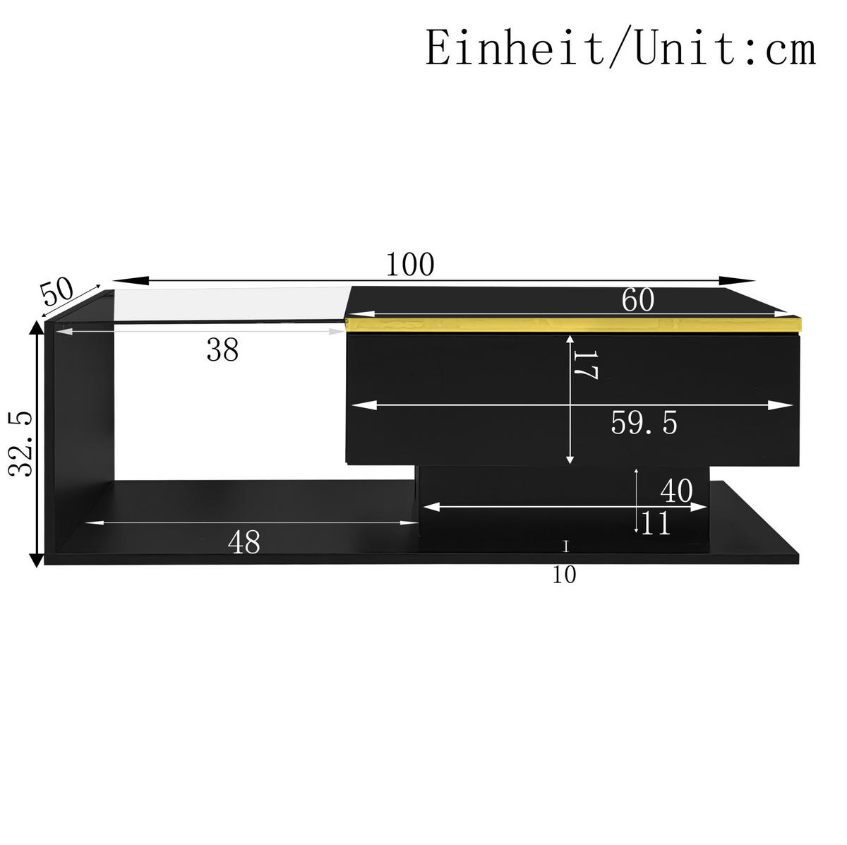 COUCHTISCH aus Spanplatte 100x50x32,5 cm Schwarz mit Glas, LED-Beleuchtung und Stauraum - Schwarz, Holzwerkstoff (100/50/32.5cm) - IVMEU