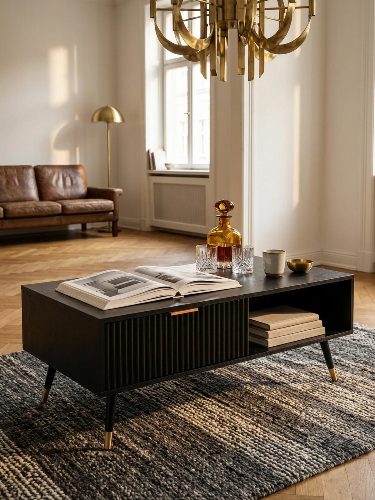 COUCHTISCH Schwarz Eiche-Dekor mit Stauraum 110x60x43 cm Metallbeine - Goldfarben/Schwarz, Holzwerkstoff/Metall (60/110/43cm) - KADIMA DESIGN