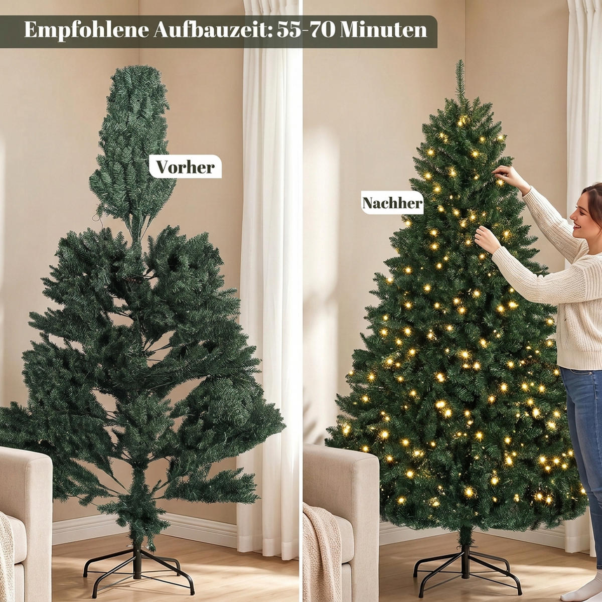 KÜNSTLICHER Weihnachtsbaum, 180 cm Christbaum mit 1494 Spitzen, 550 LED-Leuchte - Grün, Kunststoff (180cm) - HOMCOM