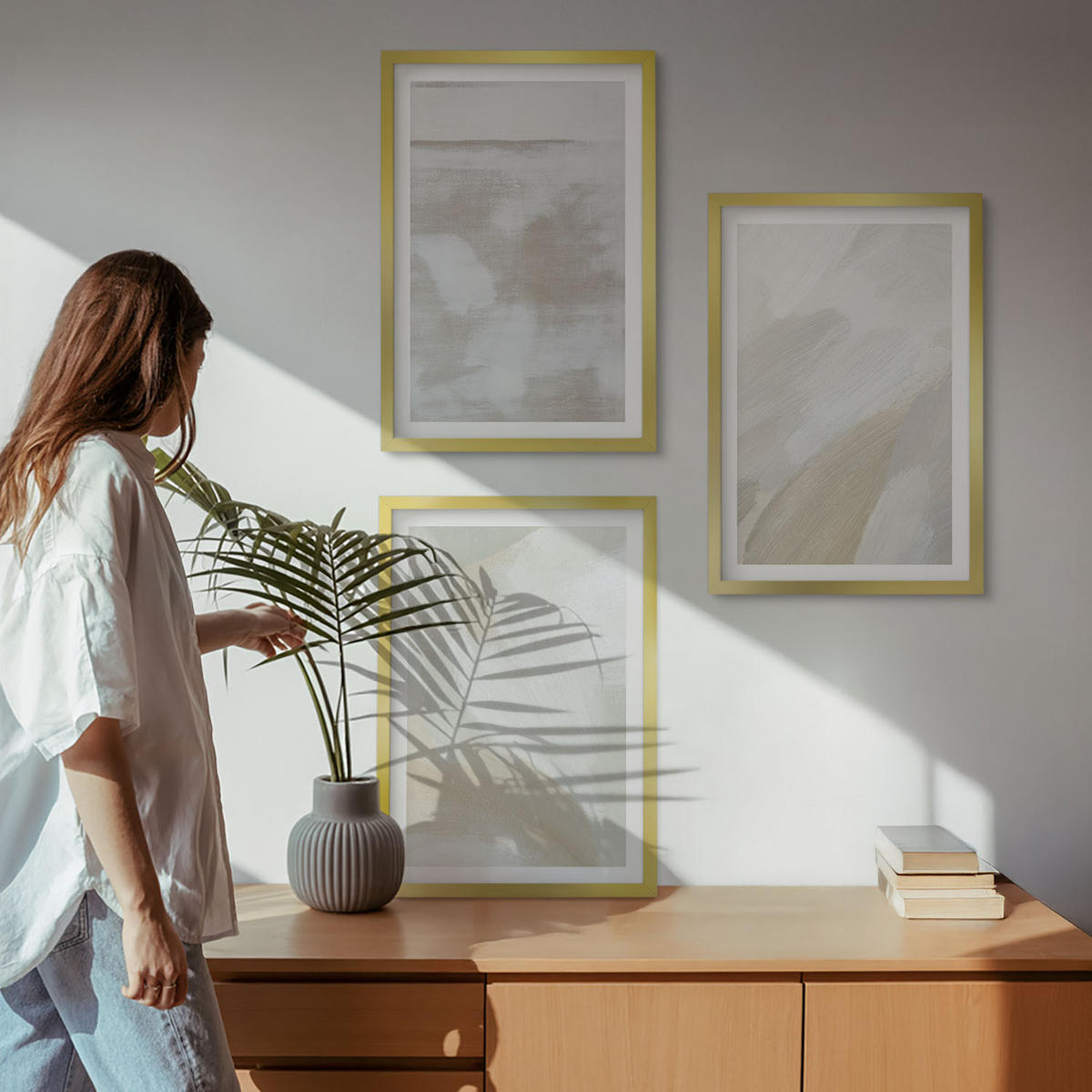 BILDER SET 3er Set - 40x60 cm Goldrahmen - Abstrakte Pinselstriche - Goldfarben, Kunststoff (40/60cm) - TULUP
