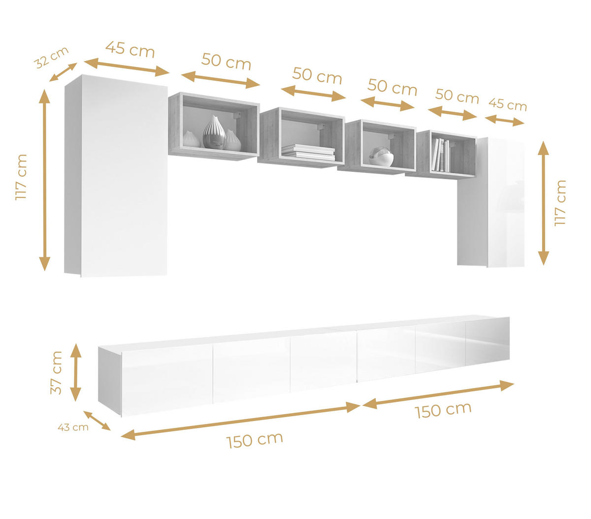 WOHNWAND Kossana 35 Modern Goldene Eiche/Weiß 300/154/43 cm TV Möbel - Weiß, Holzwerkstoff/Kunststoff (300/158/43cm) - AX Living