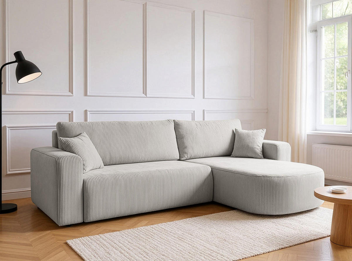 ECKSOFA mit Schlaffunktion Teeo L-Form universal mit Bettkasten Hellbeige Cord - Sandfarben/Schwarz, Kunststoff/Textil (275/170cm) - Homebook