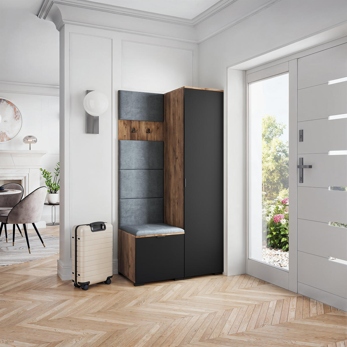 GARDEROBENSCHRANK LORI 95/181/51 cm Modern Garderobe-Set Eiche Lefkas - Eichefarben/Schwarz, Holzwerkstoff (95/181/51cm) - MASSENO