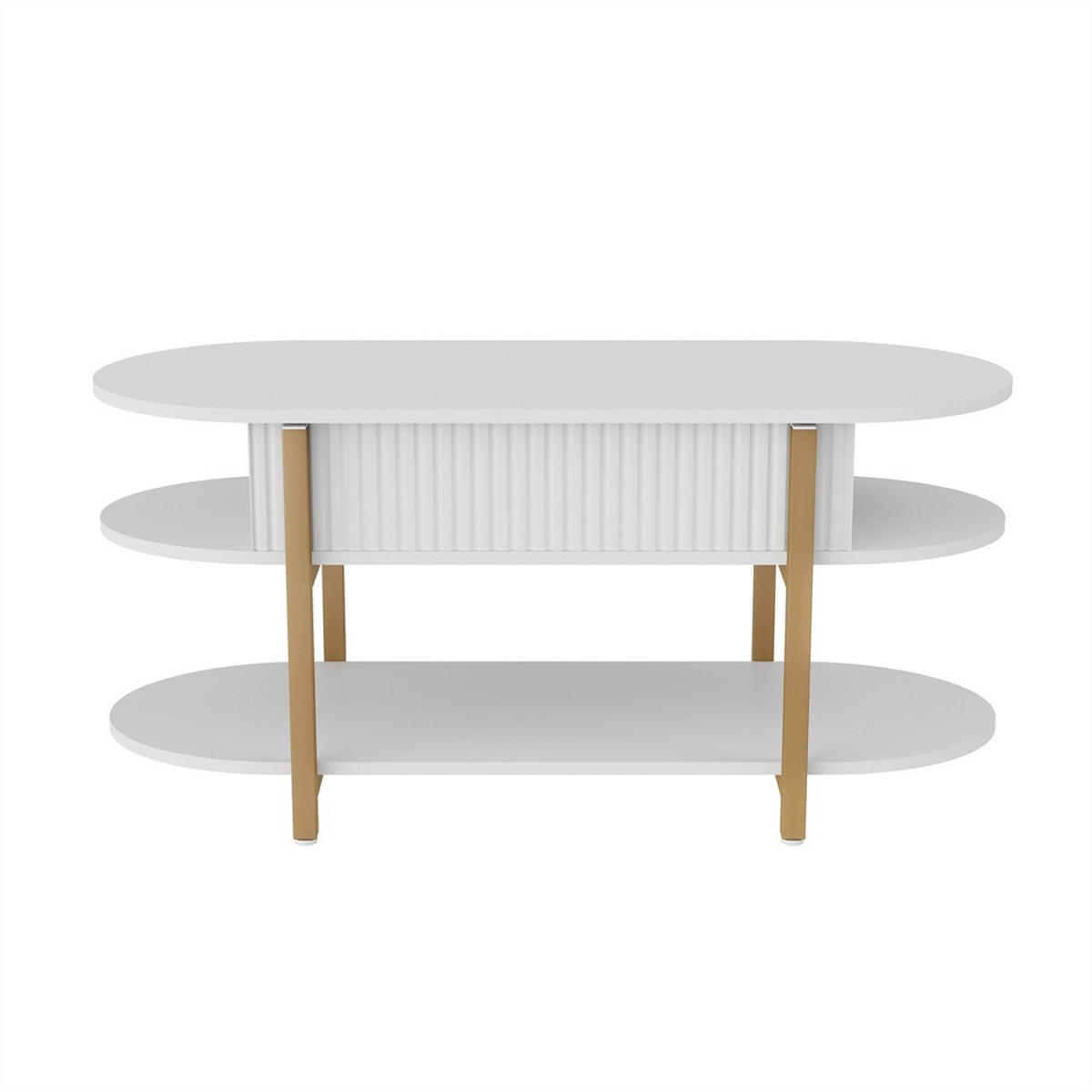 COUCHTISCH - Höhenverstellbarer Couchtisch - Ovaler Lift-Top Tisch mit Stauraum und Goldbeinen - Weiß - Weiß, Holzwerkstoff (45/106/50cm) - DELFA