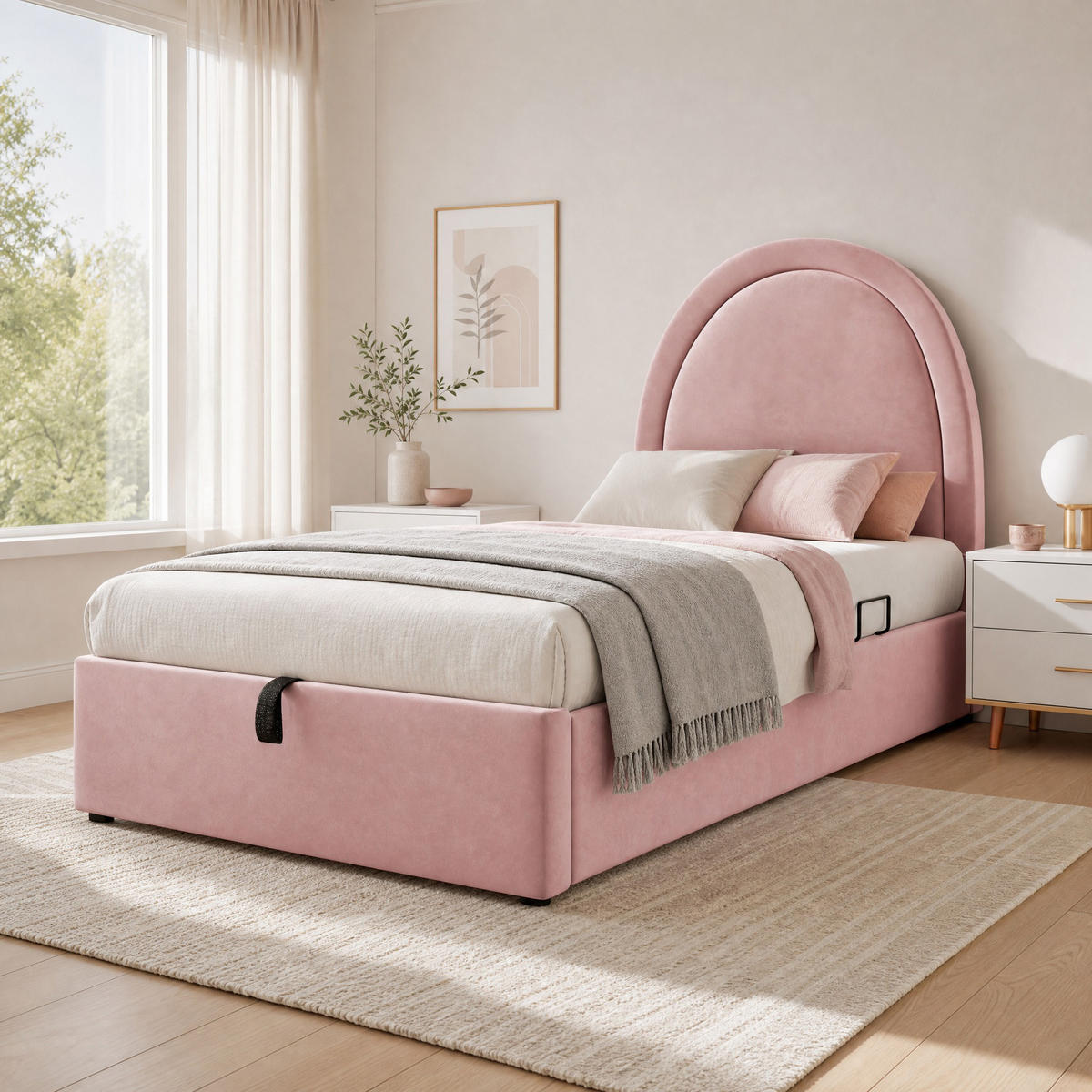 POLSTERBETT 90/200 mit Bettkasten und hydraulischem Lattenrost in Rosa - Rosa, Holzwerkstoff/Textil (90/200cm) - EVRYAE