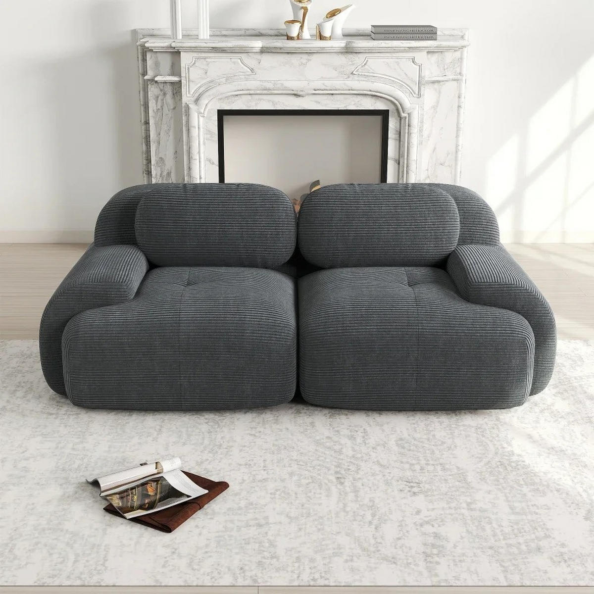 SOFA Loveseat mit gebogenen Armlehnen und rutschfester Unterseite, Grau - Grau, Textil (138/70/103cm) - Kaket