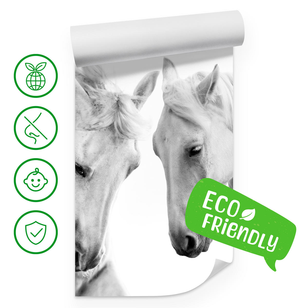 FOTOTAPETE für Schlafzimmer Weiße Pferde Grauer Hintergrund Eleganz Tierwelt 450x315 - Weiß/Grau, Papier (450/315cm) - Muralo