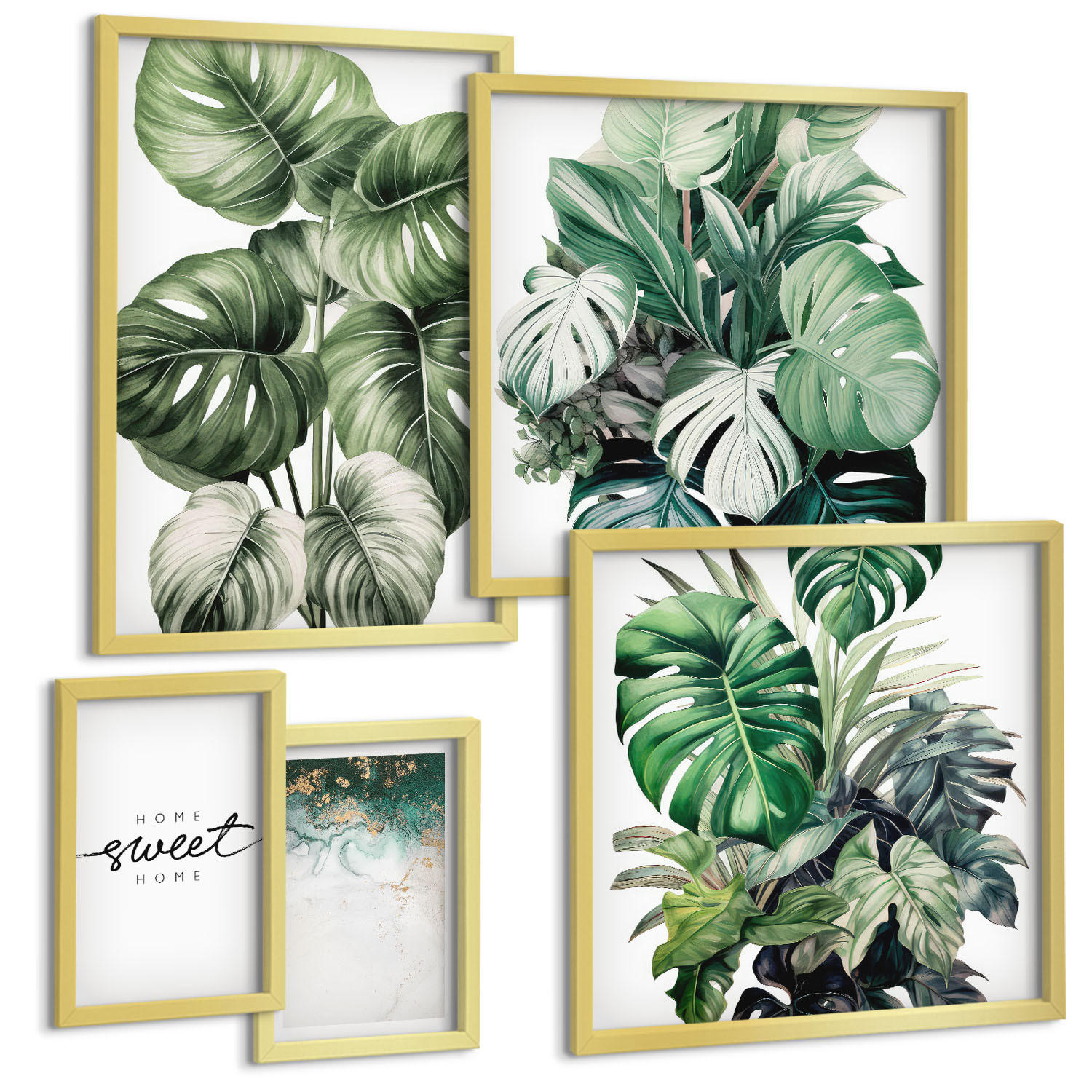 BILDER SET 5er Set - 50x50 cm & 20x30 cm & 40x60 cm Goldrahmen - Sweet Home Green Plants - Goldfarben, Kunststoff (40/60cm) - TULUP