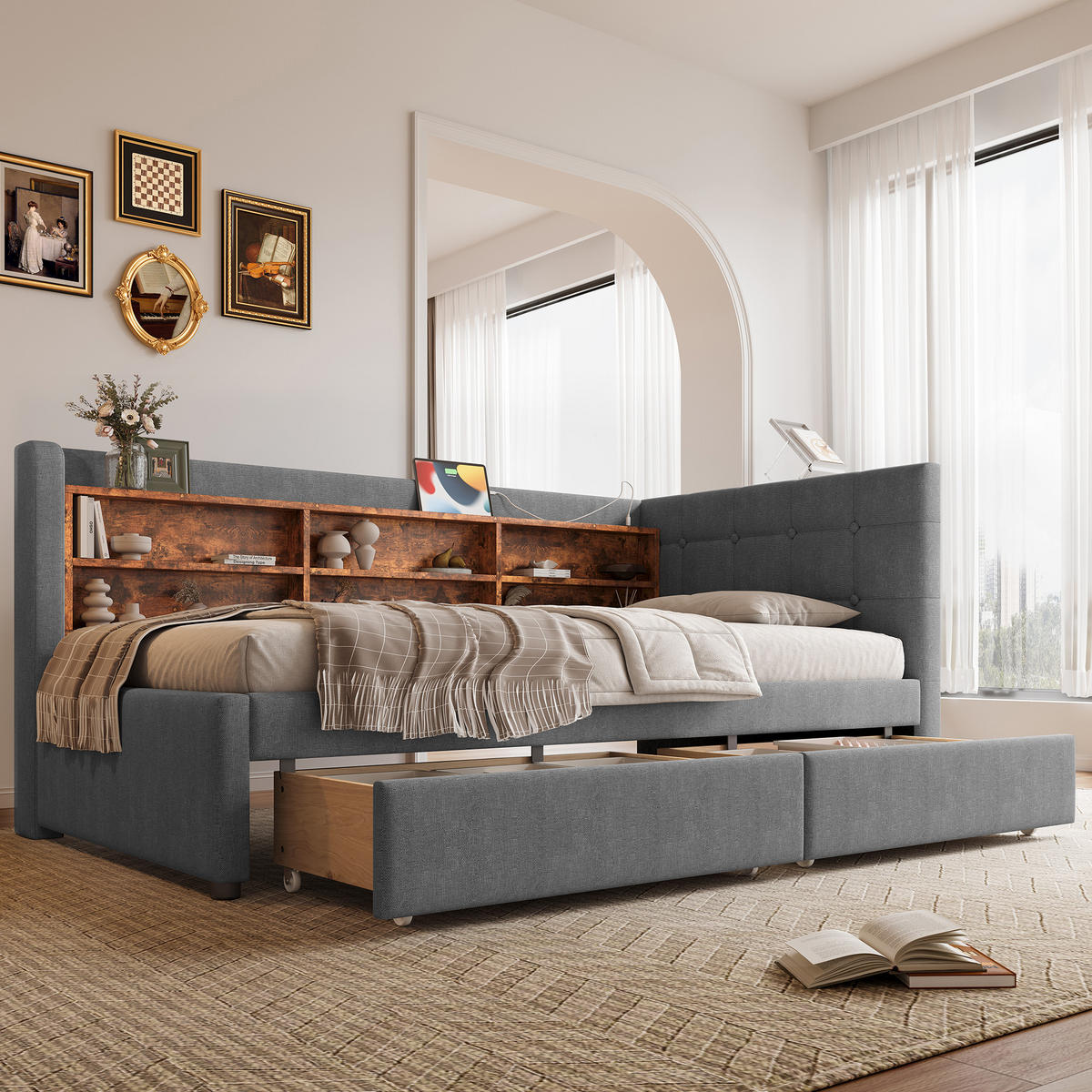 POLSTERBETT aus Leinen 90x200 cm in Grau mit 2 Schubladen & USB-C - Grau, Textil (90/200cm) - Modfu