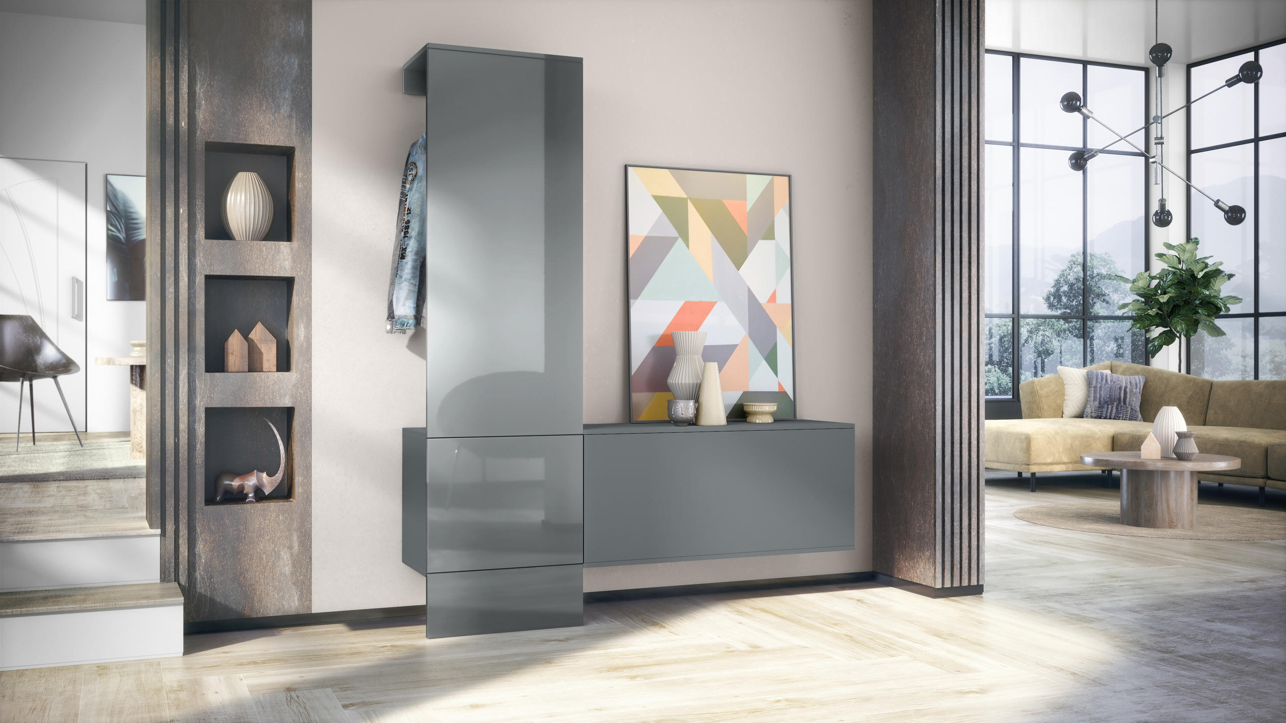 GARDEROBE Carlton Paneel in Grau Hochglanz - Grau, Holzwerkstoff (156.5/193/35cm) - Vladon