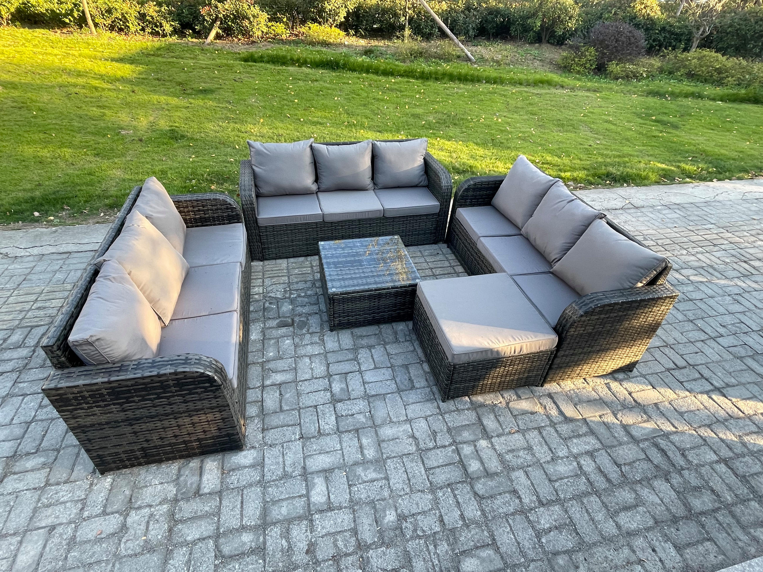 GARTENMÖBELGARNITUR mit KISSEN Polyrattan Dunkelgrau 10-Sitzer - Dunkelgrau/Grau, Glas/Kunststoff - Fimous