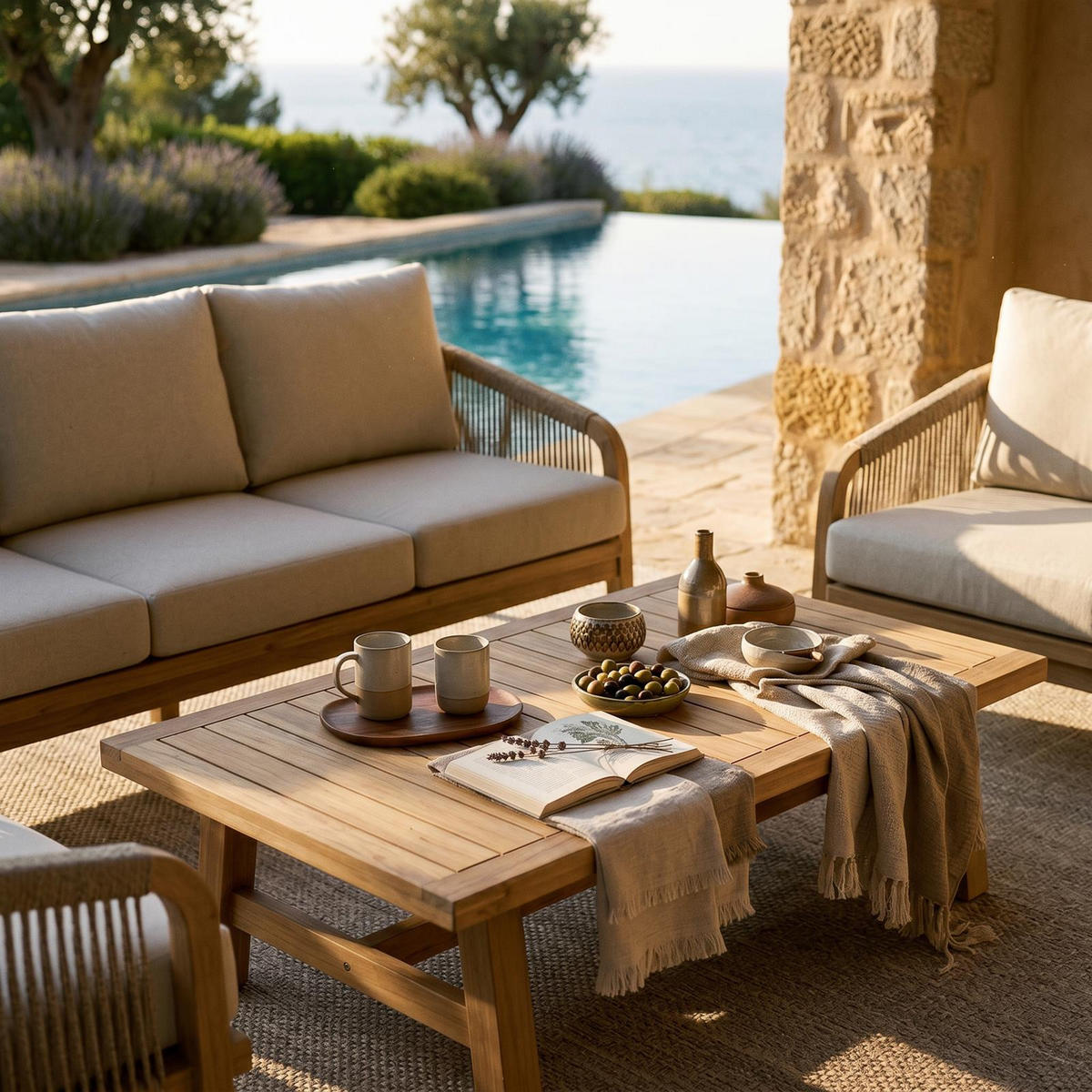 GARTENLOUNGE SANYA 4er Set beige, natur - Beige, Holz/Textil - IDIMEX