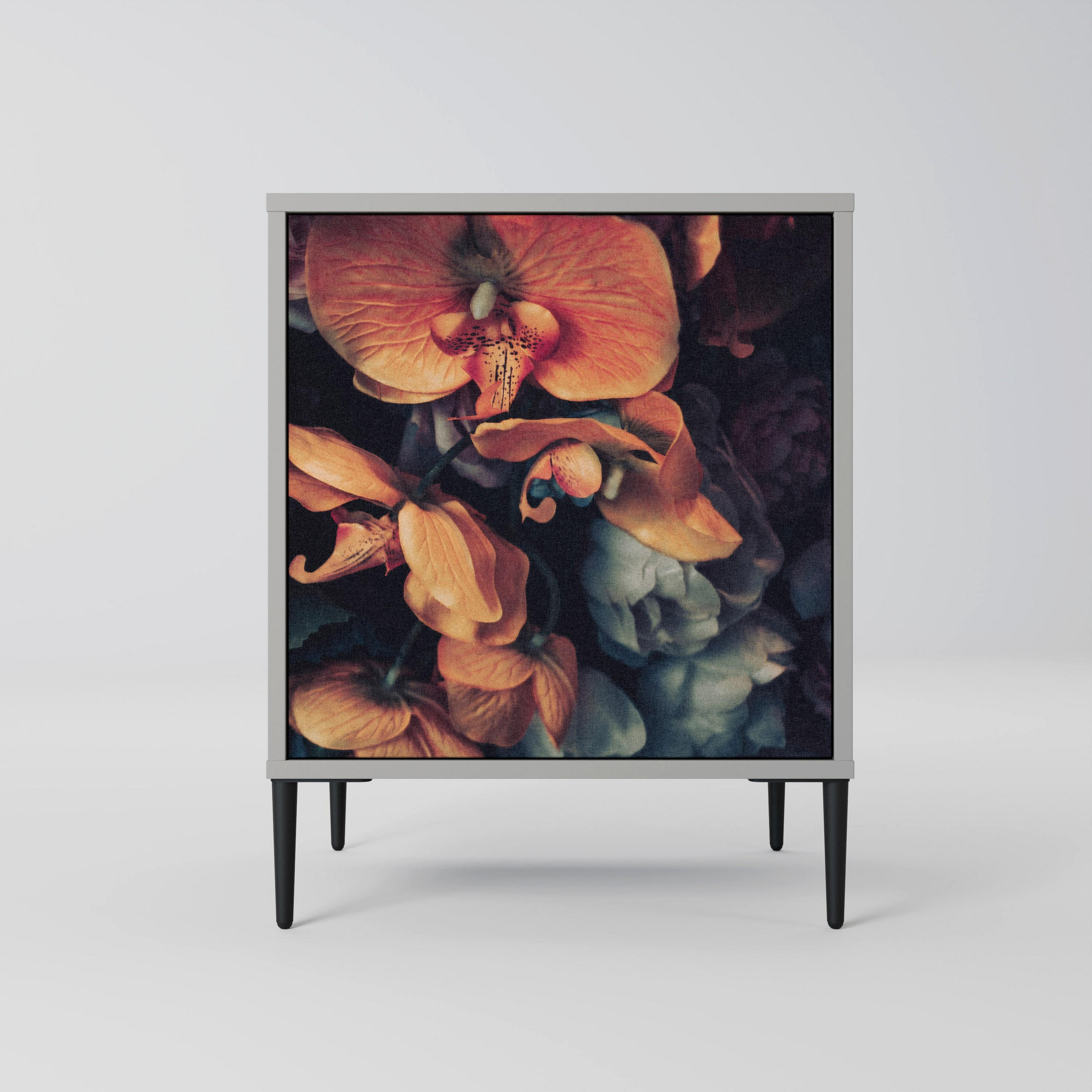SIDEBOARD NEVERENDING BLOOM, Grau, 57,5x42x72,5 cm, Schwarze Metallfüße - Multicolor/Schwarz, Holzwerkstoff/Metall (57.5/72.5/42cm) - SpaceRebels