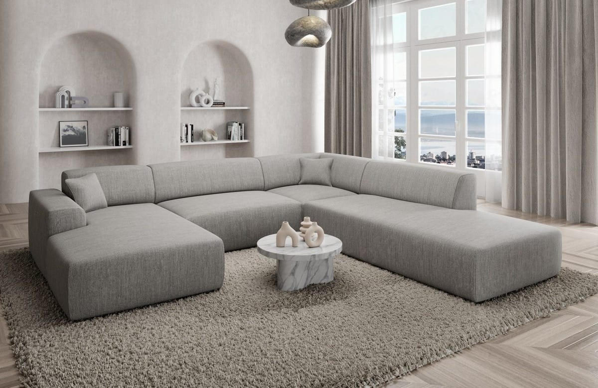 WOHNLANDSCHAFT Genova Hellgrau Strukturstoff - Hellgrau, Kunststoff (326/70/263cm)