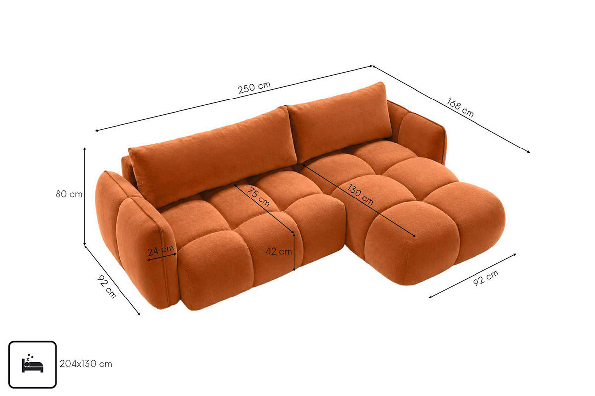 ROHOVÁ SEDAČKA ve tvaru L s funkcí spaní, velurová tkanina Bluvel, Skořicová, Pravá strana, BELVEDER L - pomerančová, dřevo (250/168cm) - Kaiser Möbel