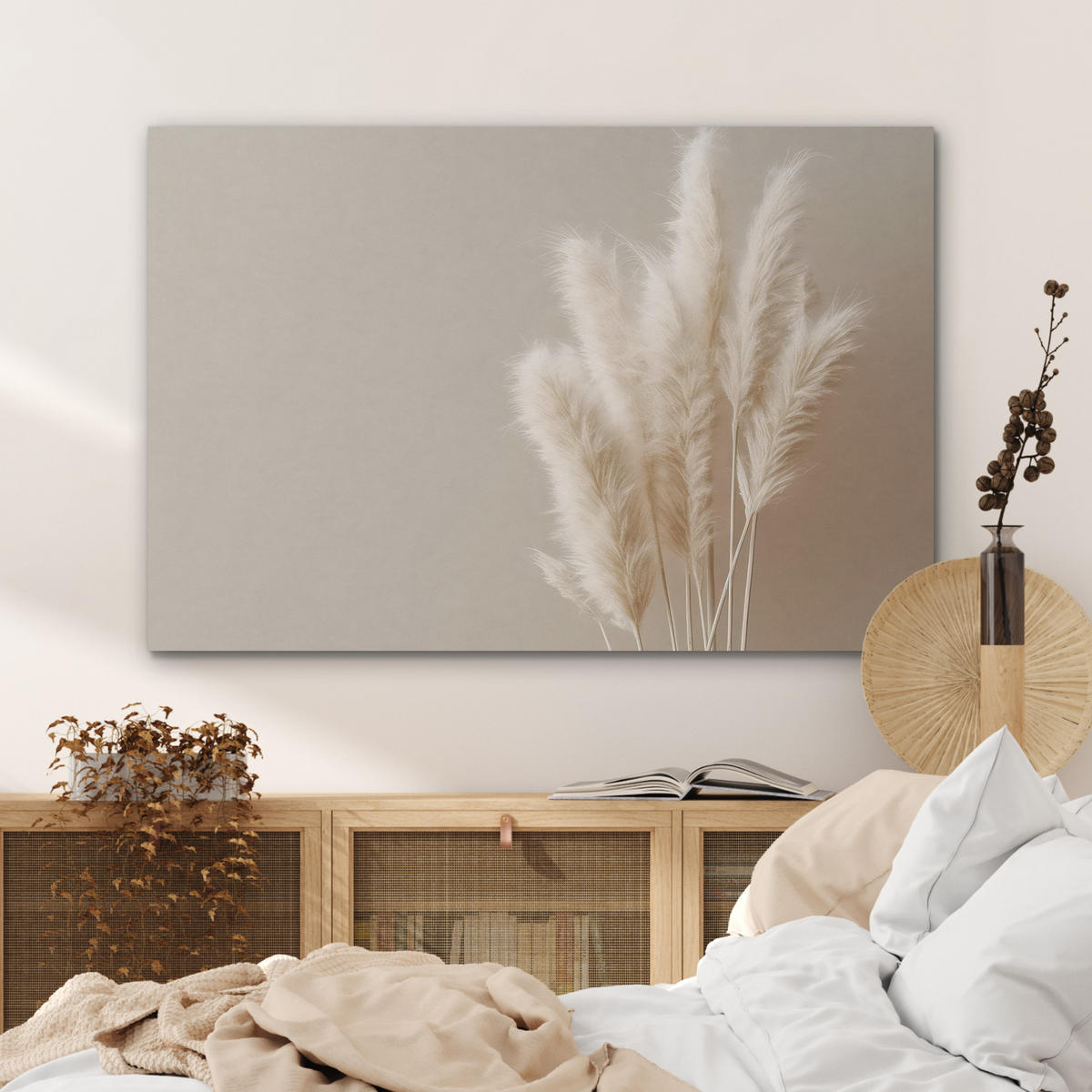 AKUSTIKBILD Pampasgras - Federn - Pastell - Weiß Akustikpaneele 90x60 cm - Naturfarben, Kunststoff (90/60/0.9cm) - MuchoWow