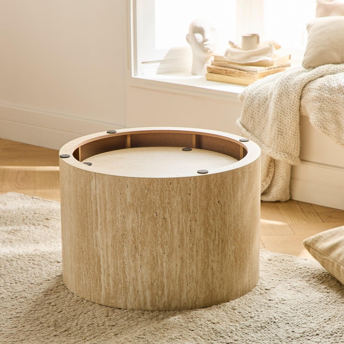 COUCHTISCHE RUND TRAVERTINOPTIK 2er set 58/58/58 cm - Beige, Holzwerkstoff (65.5/58/38cm) - Calicosy