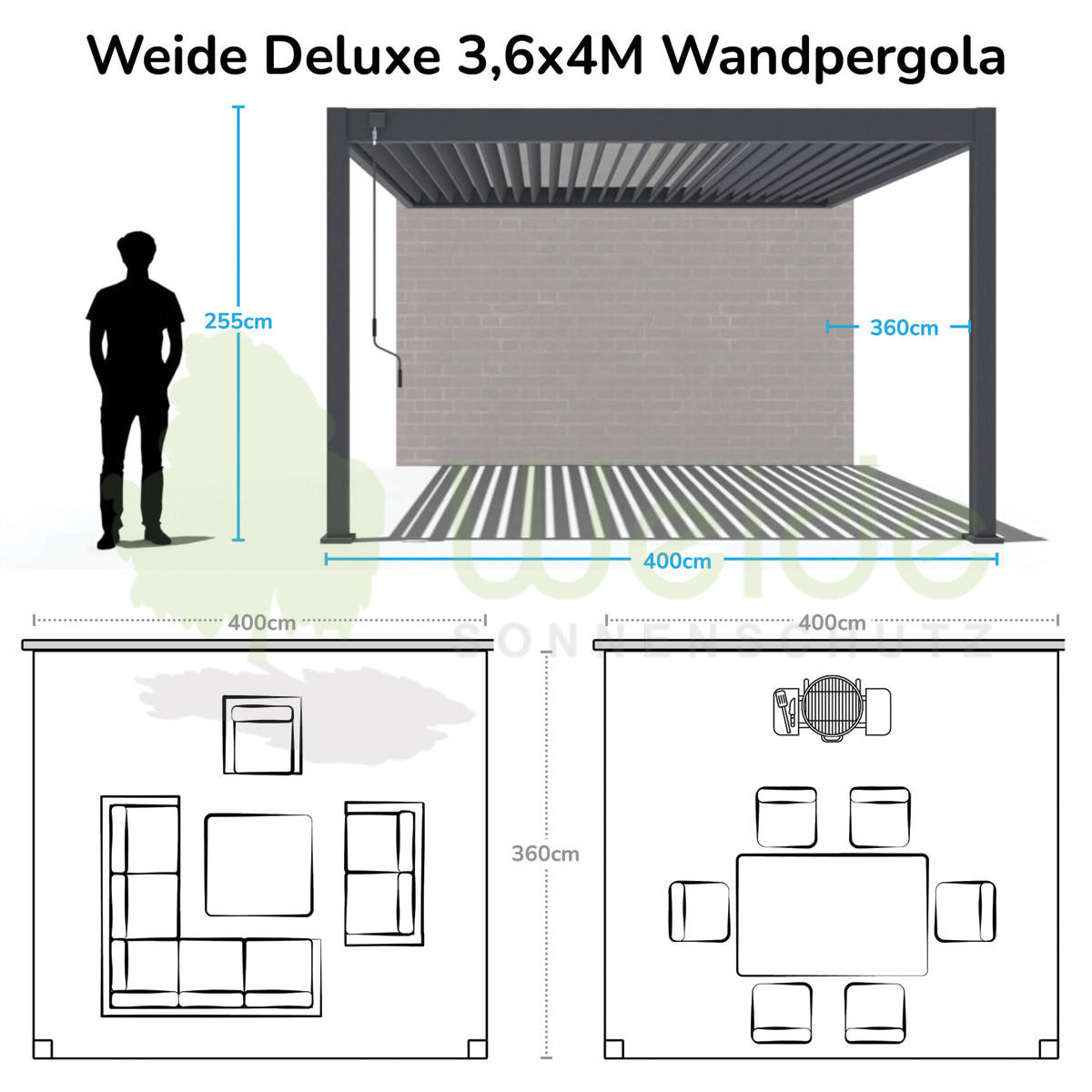 PERGOLA Deluxe Wand Pavillon Terrassenüberdachung Aluminium 3,6 x 4 m anthrazit - Schwarz, Metall (360/255/400cm) - WEIDE