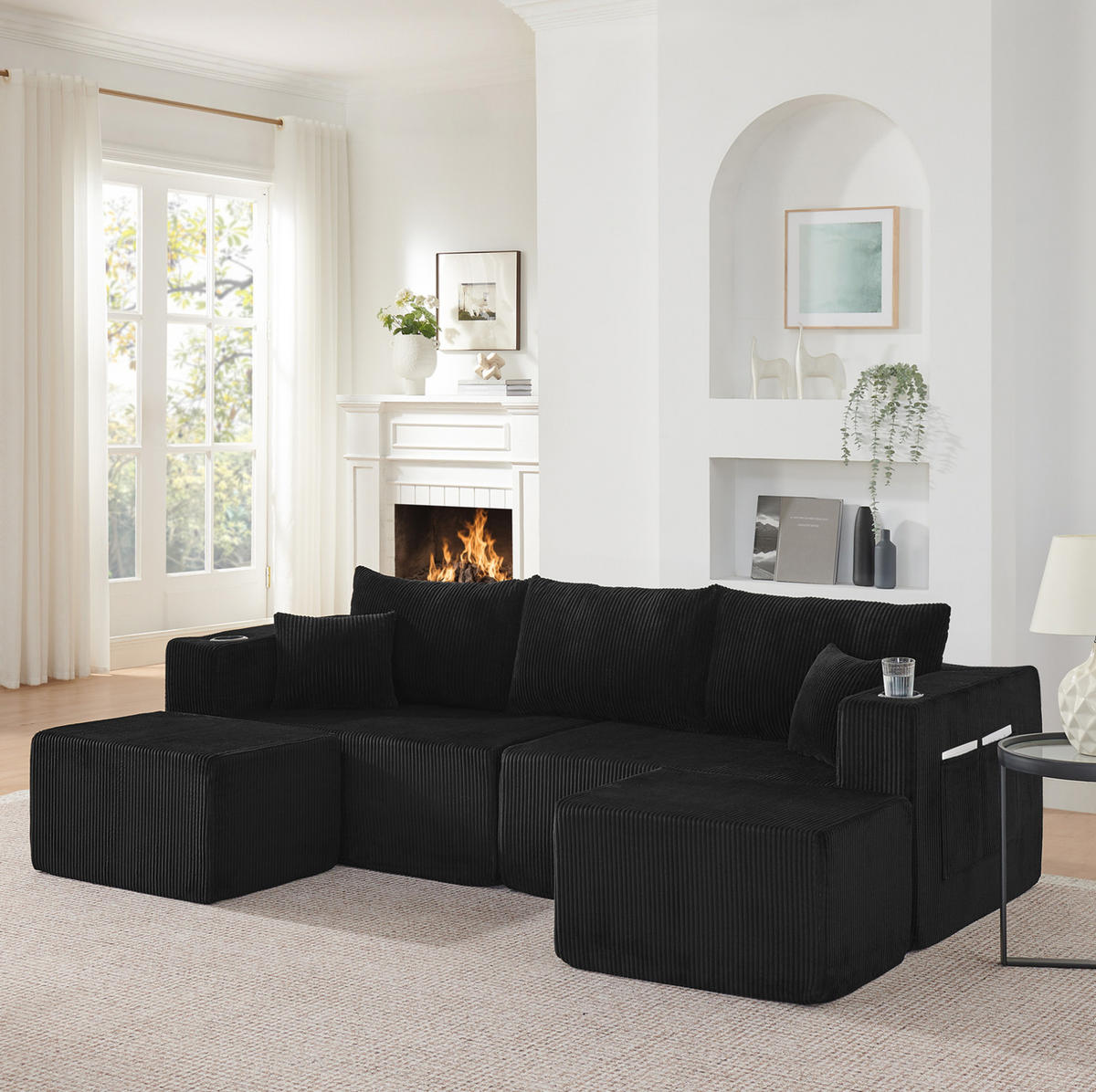 SOFA modular 3-Sitzer Cord Black mit 2 beweglichen Ottomanen - Schwarz, Kunststoff (230/75/138cm) - IVMEU