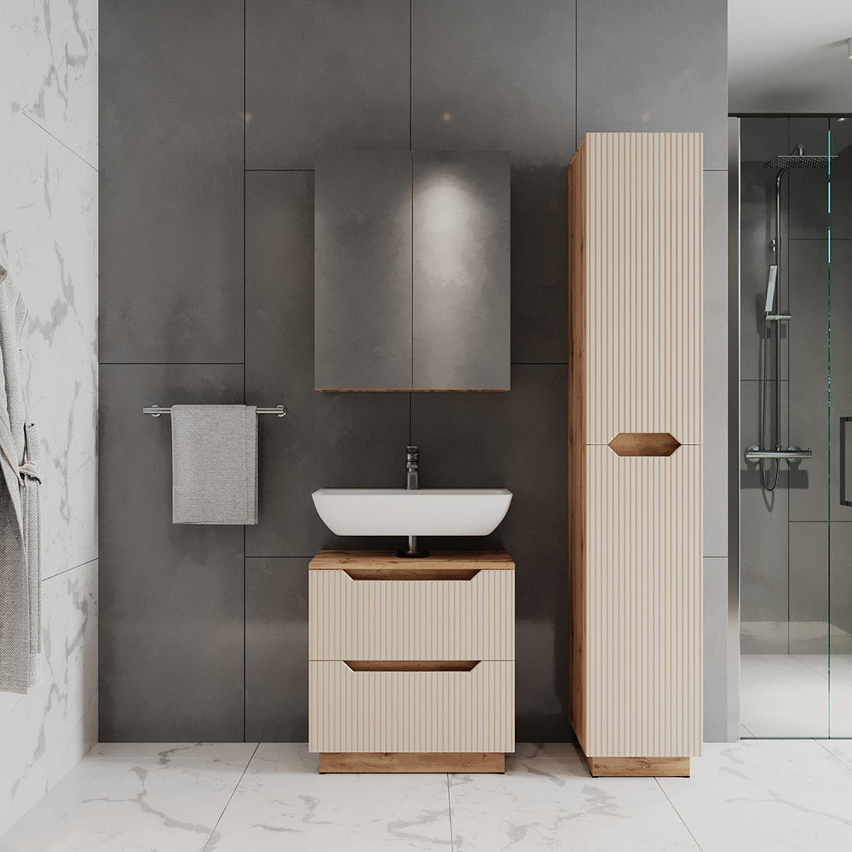 KOUPELNOVÝ NÁBYTEK Lotta Dubový/kašmírový pruhovaný - kašmírová/barva dubu, kompozitní dřevo (59.8/62.5/32cm) - Vicco