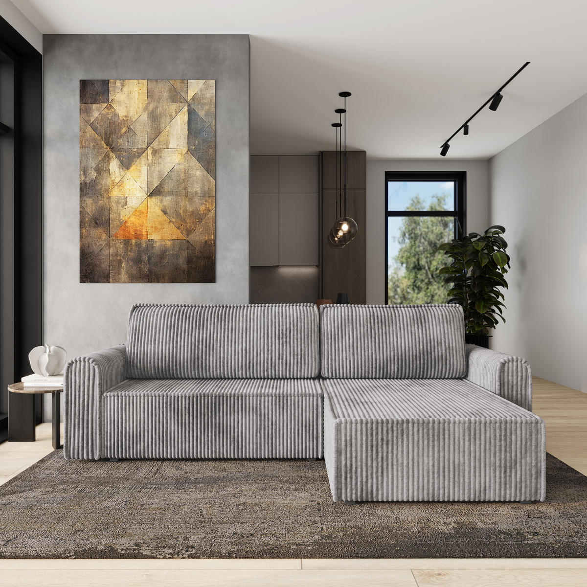 ECKSOFA VALTINO Hellgrau Kordstoff mit Schlaffunktion - Hellgrau, Holz (275/148cm) - MASSENO