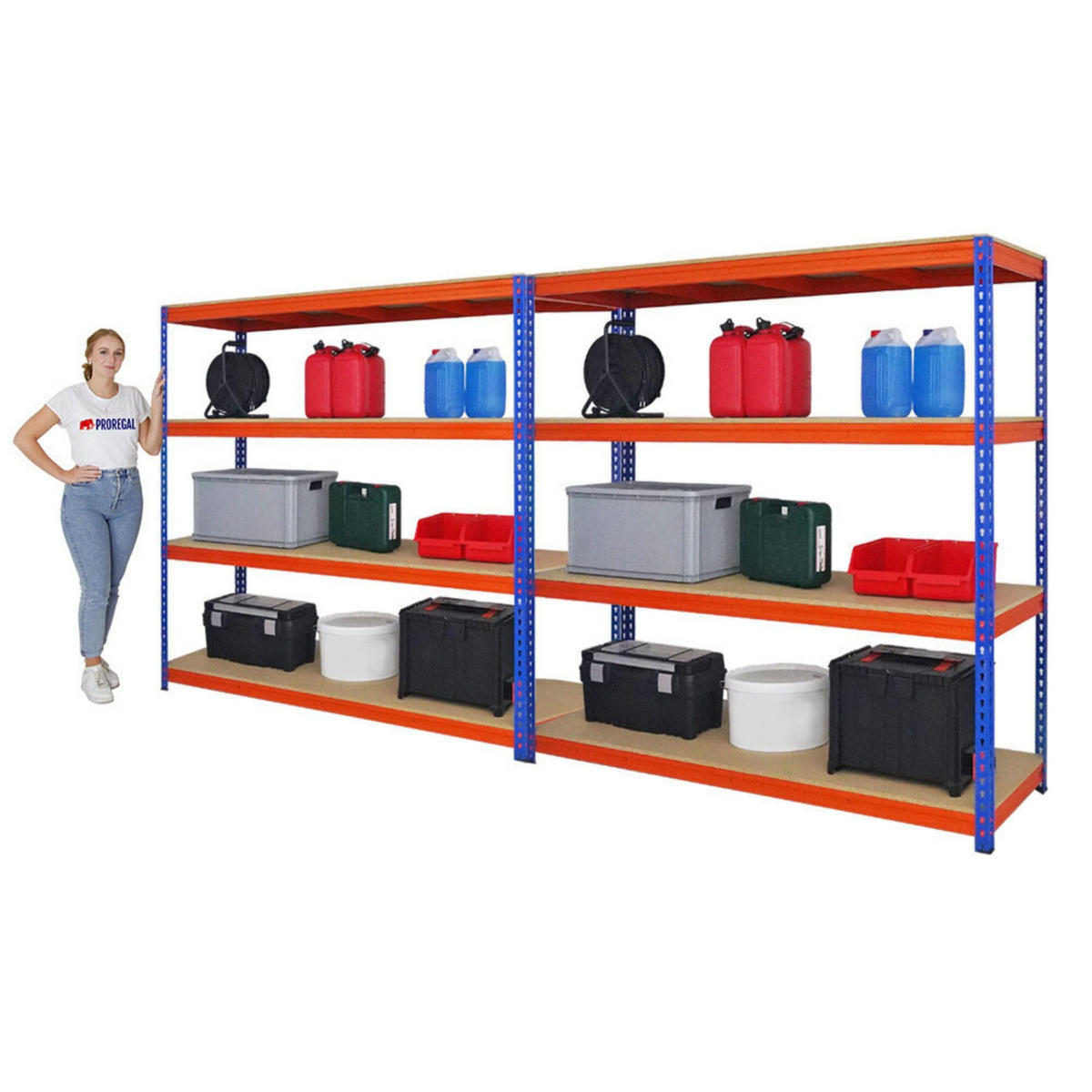 SCHWERLASTREGAL Bison 2er-Set mit 2x 200x200x60 cm 4 Fachböden Fachlast 600 kg Blau-Orange - Orange, Metall (400/200/60cm) - PROREGAL