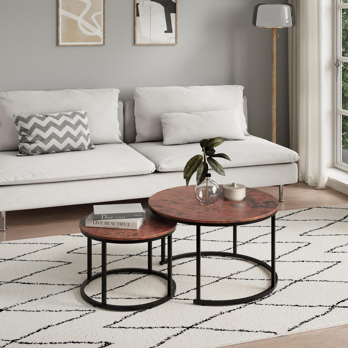 COUCHTISCH 2er Set rund Eiche dunkel - Dunkelbraun, Holzwerkstoff (70/70/42.5cm) - Home Collective