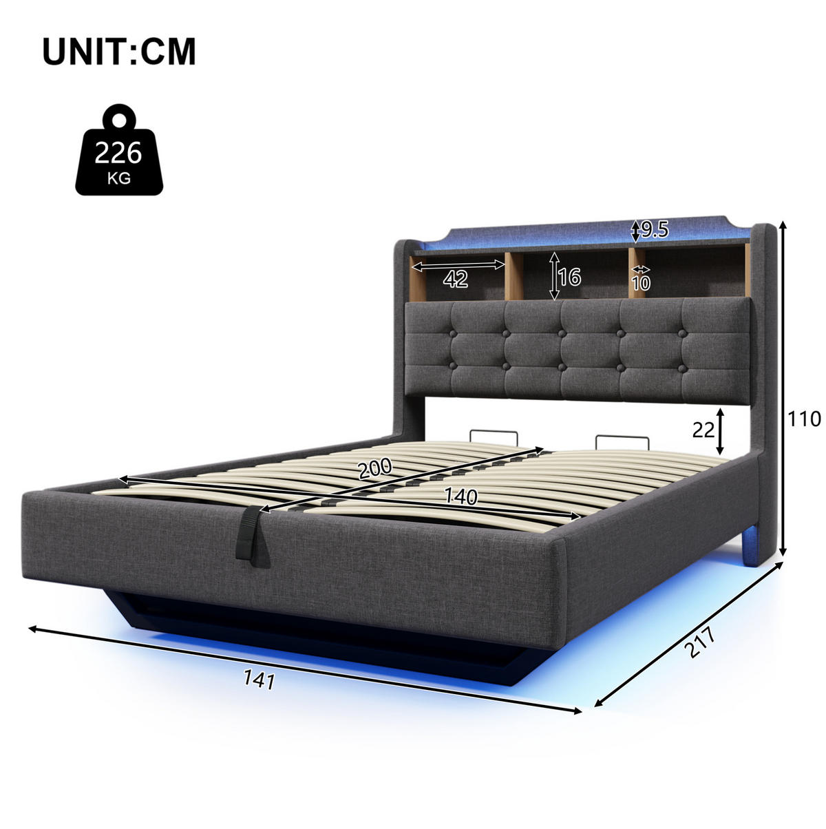 ČALOUNĚNÁ postel 140/200 cm šedá z lnu s LED osvětlením, úložným prostorem a USB-C - šedá, textil (140/200cm) - OKWISH