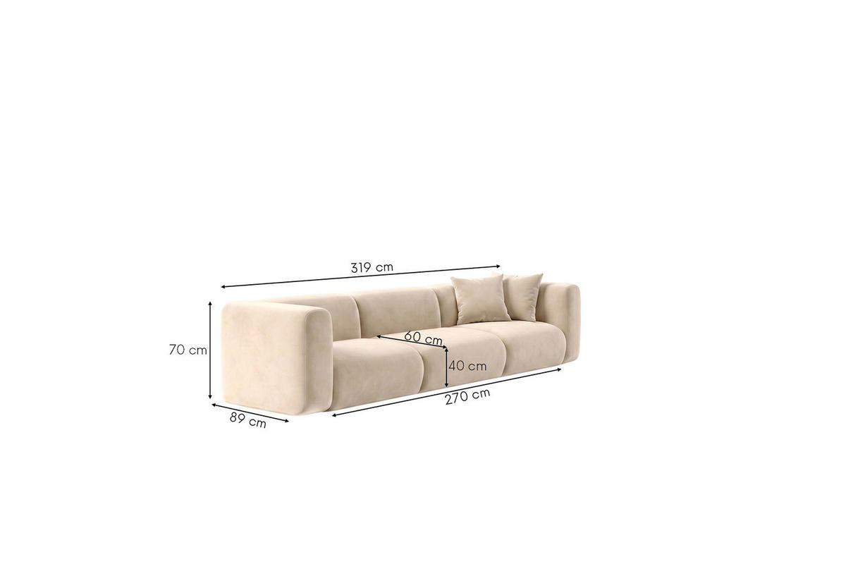 SOFA 3-Sitzer, Velvet-Stoff Bluvel, Creme, GRETA - Creme, Holz (319/70/89cm) - Kaiser Möbel