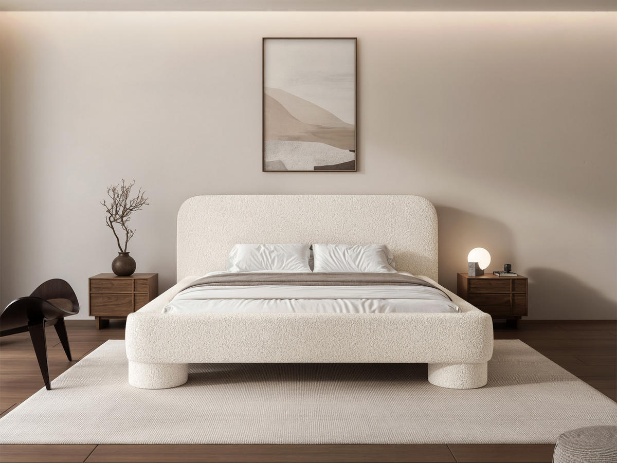 POLSTERBETT Frederico 140x200 cm Cremeweiß Bouclé – (Doppelbett mit Bettkasten, Lattenrost, rundes Kopfteil) - Creme, Holz/Holzwerkstoff (140/200cm) - Ravio