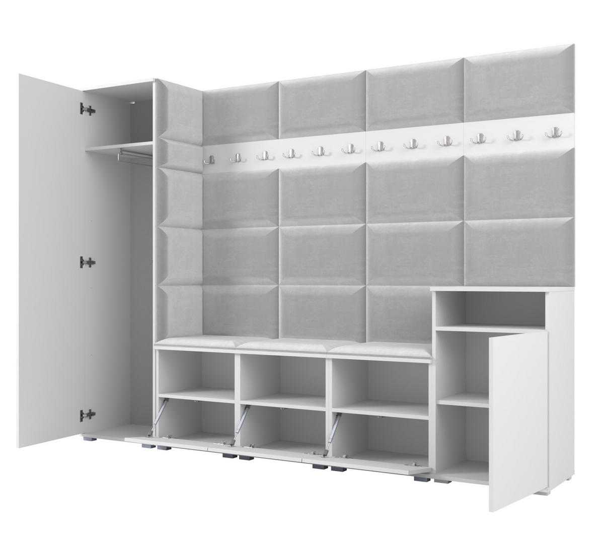 GARDEROBE NELA XI 250 cm (Modulare Flurmöbel Artisan Eiche mit Sitzpolster Schwarz 16 Großes Set) - Silberfarben/Schwarz, Holz/Holzwerkstoff (250/187/40cm) - Ravio