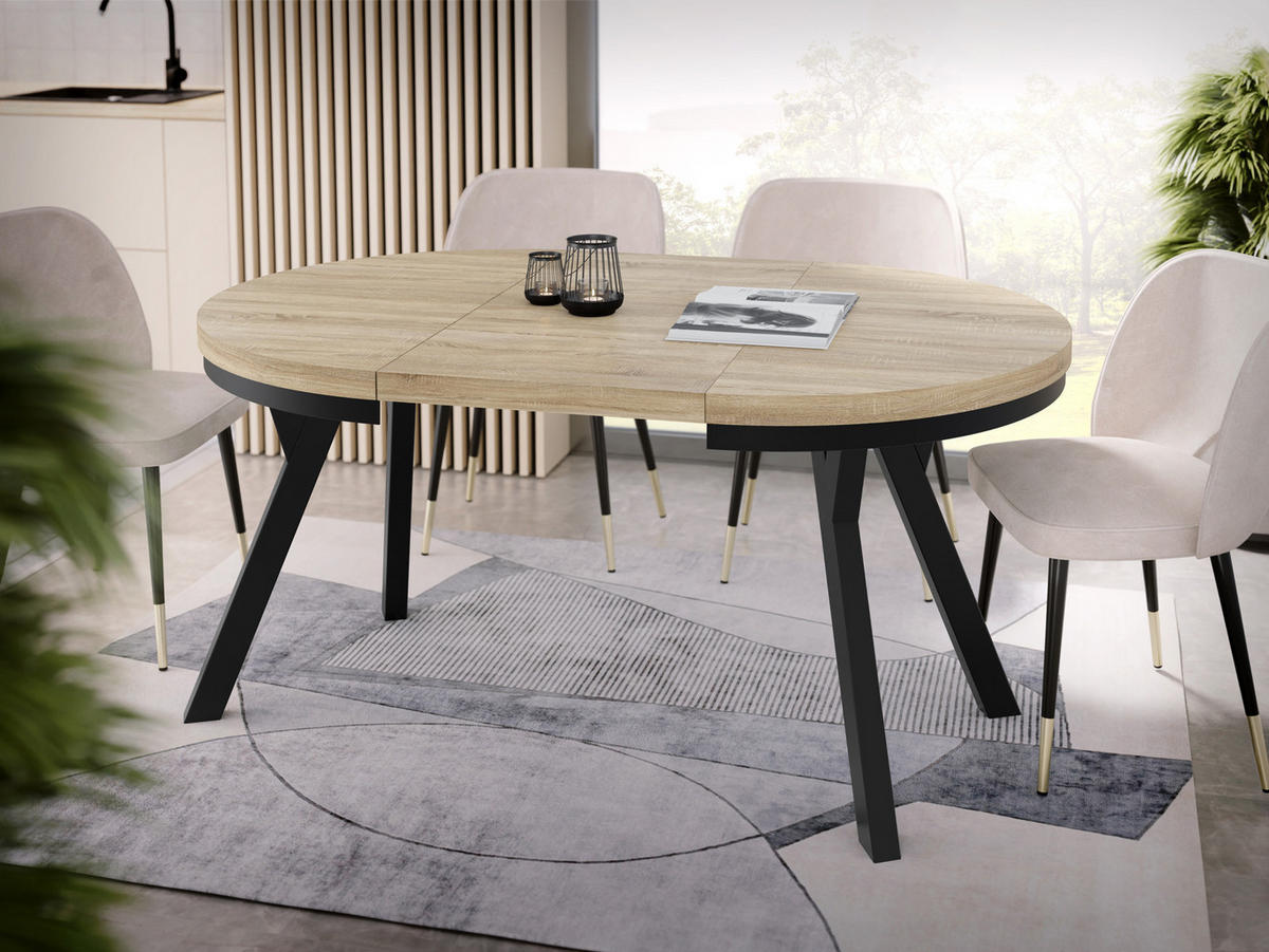ESSTISCH Lume runder ausziehbarer, Sonoma Eiche 100-150/100/76 cm - Schwarz/Sonoma Eiche, Holz/Holzwerkstoff (100/100/76cm) - WFL GROUP