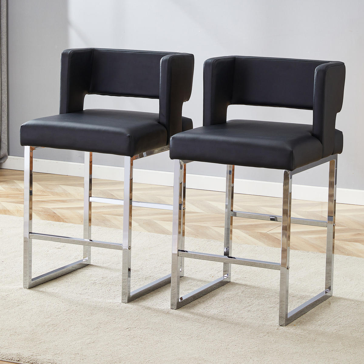 BARHOCKER 2er-Set Schwarz & Silber mit PU-Leder im quadratischen Design - Schwarz, Metall (48/91.4/53.3cm) - PANGIVO