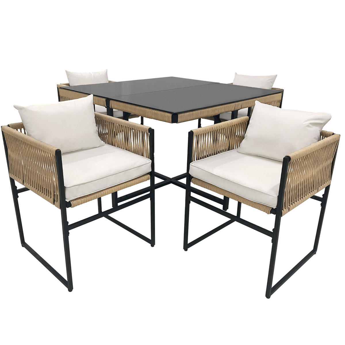 GARTENESSGRUPPE 5-tlg. Tisch 4 Stapelstühle Seil Eisen Glas - Beige, Metall - FLIEKS