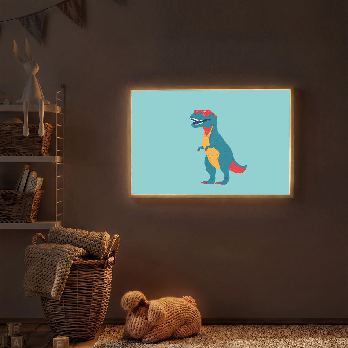 NÁSTĚNNÁ LAMPA S AKUMULÁTOREM Dinosaurus - Modrá - Sluneční brýle 100x70 cm - světle modrá, kompozitní dřevo (100/70/8cm) - OnlyWow