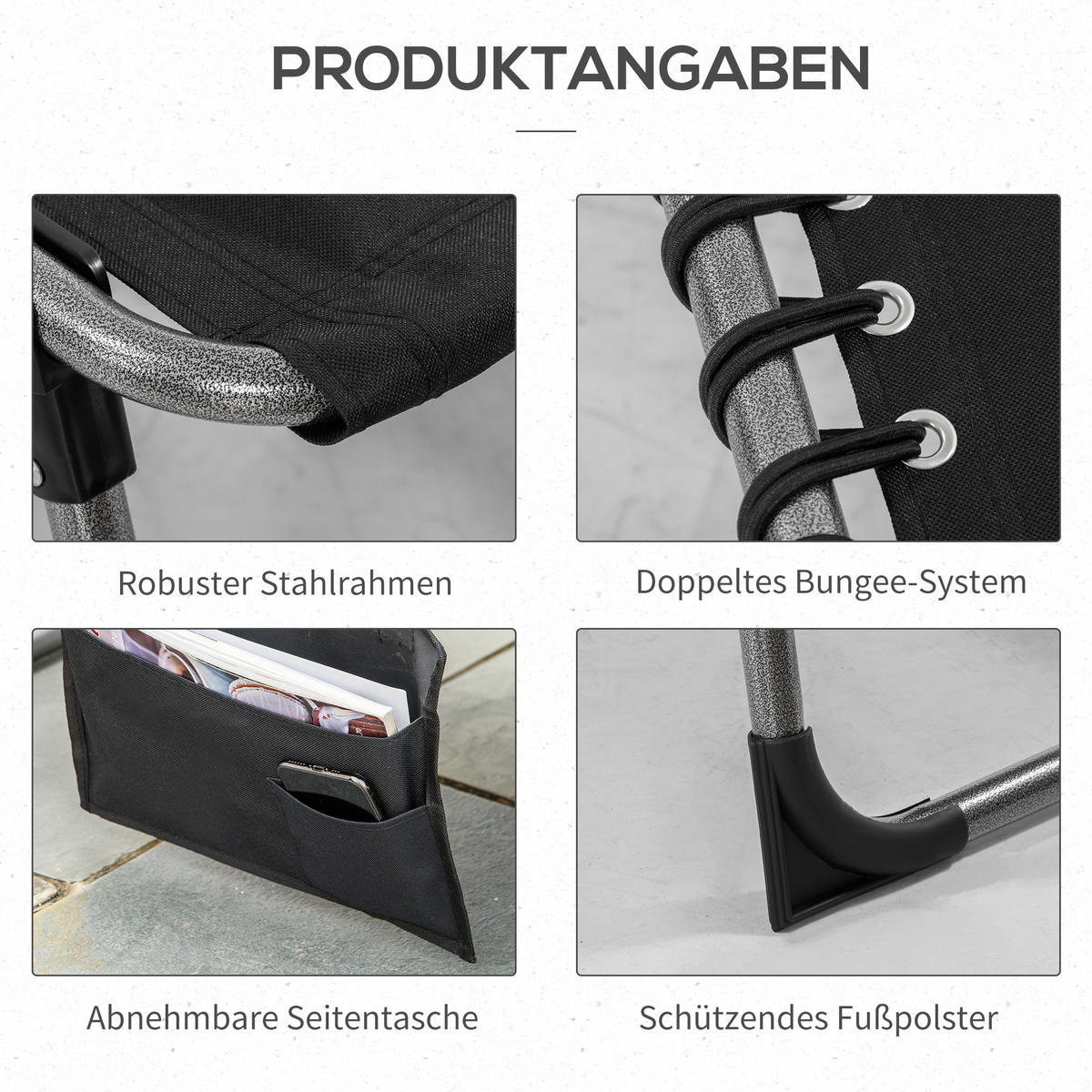 GARTENLIEGE mit Kissen 5-stufige Rückenlehne verstellbar Stahl Oxford-Stoff Schwarz 188 x 57 x 30 cm - Schwarz, Metall (57/30/188cm) - Outsunny