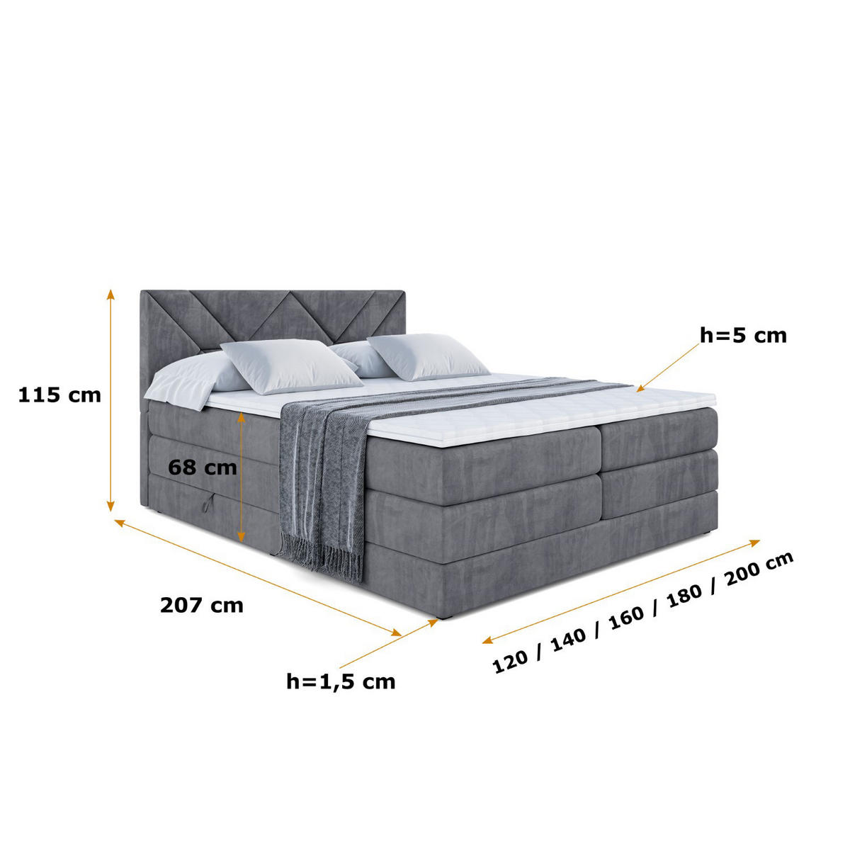 BOXSPRINGBETT BARWA KING - 200x200 - H3/H4 - Dunkelgrau - Dunkelgrau, Holzwerkstoff (200/200cm) - ALTDECOR