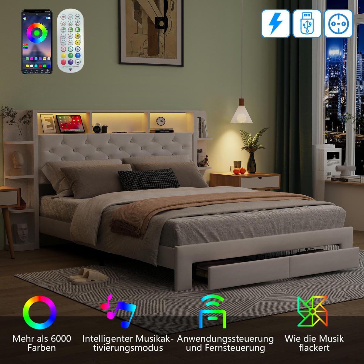 POLSTERBETT 160x200 Cm Velours Mit LED, USB & 2 Schubladen Weiß - Weiß, Holz (160/200cm)