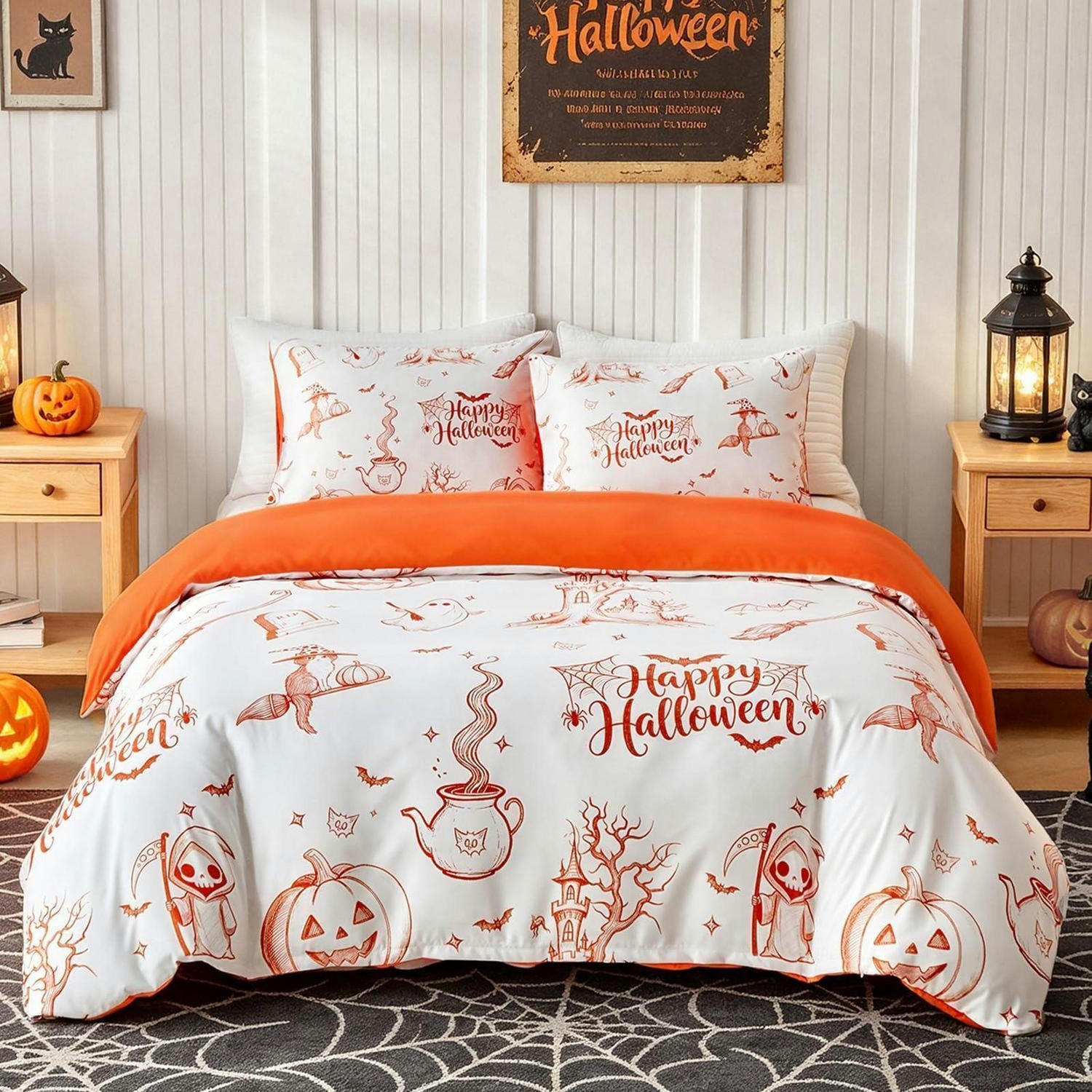 BETTWÄSCHE-SET Halloween Kürbis Katze Orange 230x220 cm 3-teiliges Set - Orange, Textil (220/230cm)