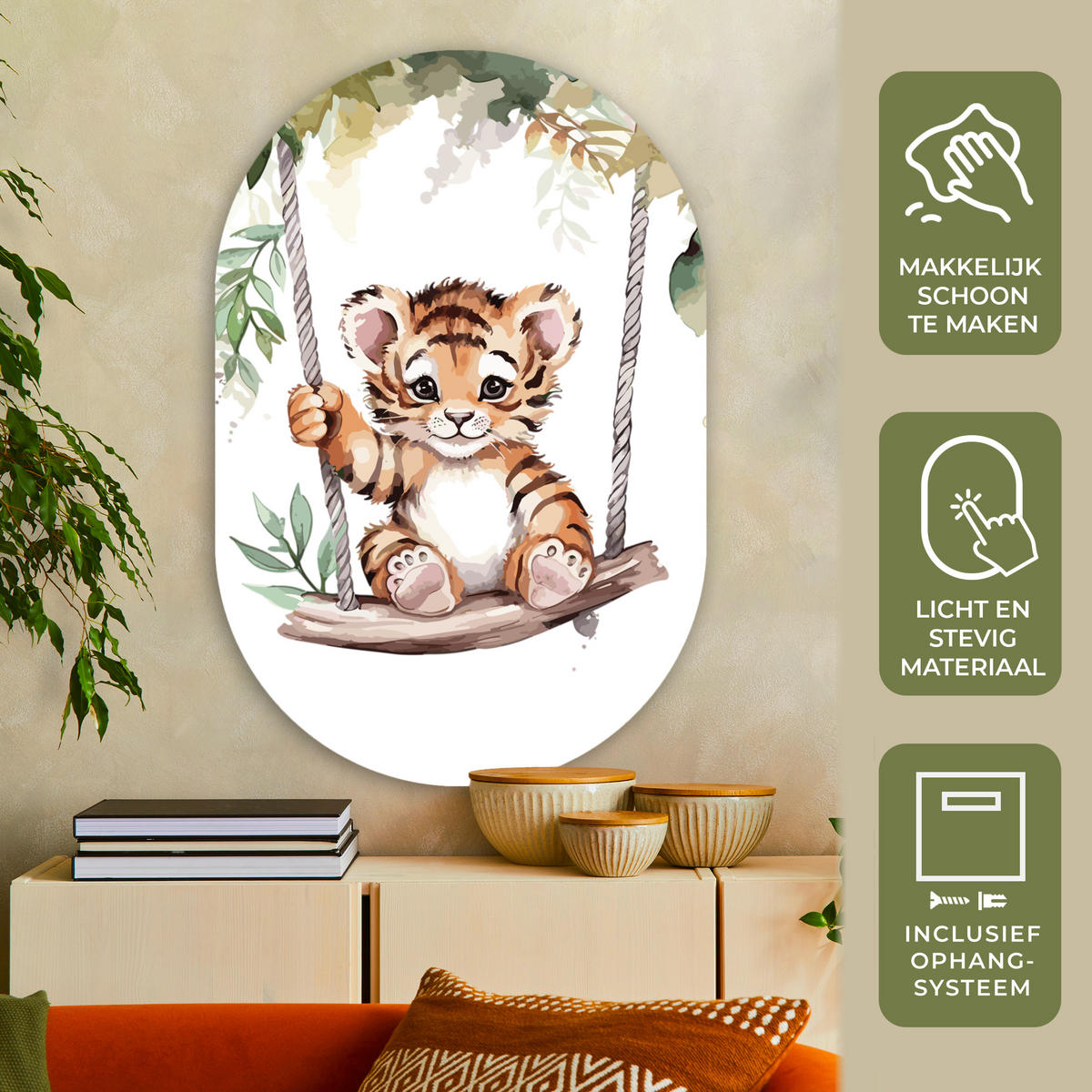 WANDBILD Tiger - Tier - Kinder - Dschungel Deko Groß 80x120 cm - Dunkelorange, Kunststoff (80/120cm) - MuchoWow