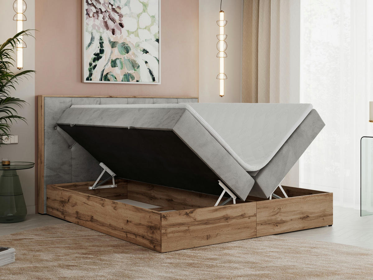 BOXBETT VENETO 160/200 Hellgrau Velvet - H3 - Hellgrau, Holz/Textil (160/200cm) - MKS