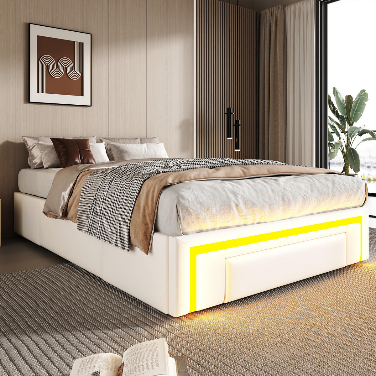 BETT 90/200 cm in Weiß mit Schubladen und LED - Weiß, Holzwerkstoff/Textil (90/200cm) - WISHDOR