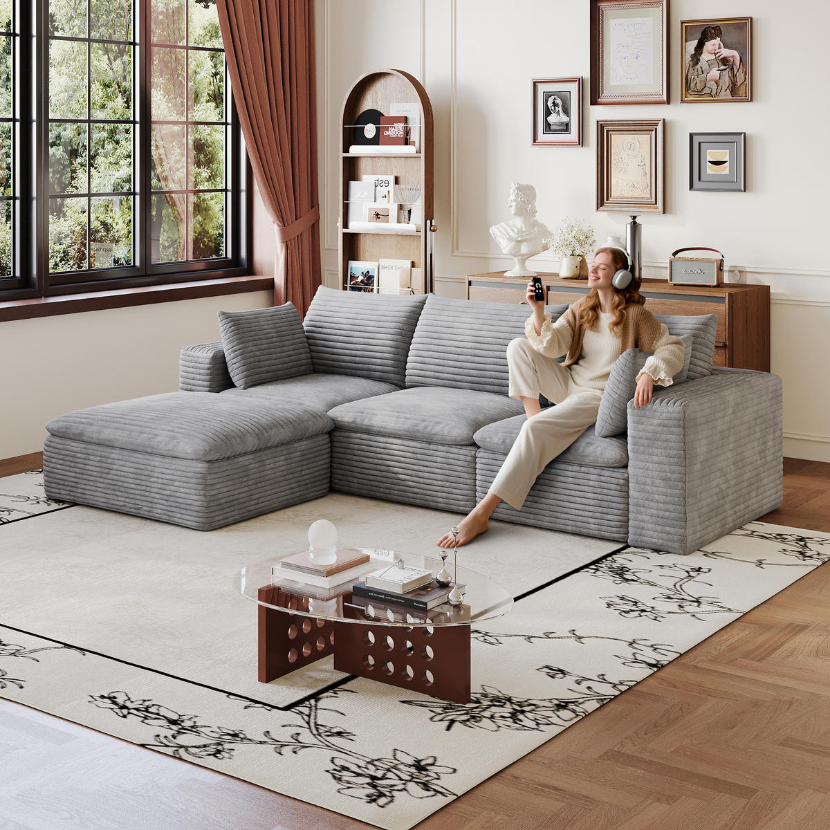 ECKSOFA DE-34773 3-Sitzer mit ottomane Grau - Grau, Textil (160/260cm) - ComfortXL